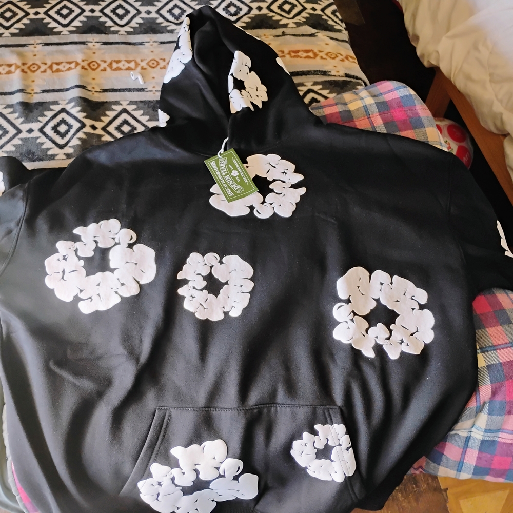Black Hoodie with White Floral Design